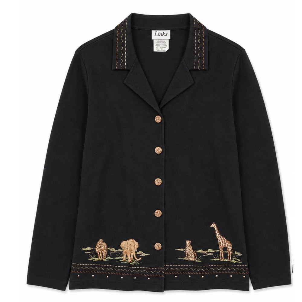 Links Women Black Safari Chic Novelty Embroidered Wildlife Button Top 1X 8Y87